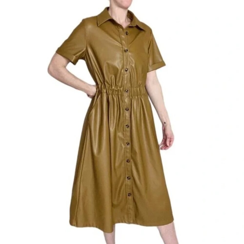 Who What Wear Brown Carmel Faux Leather Midi Shirt Collard Dress size XXL